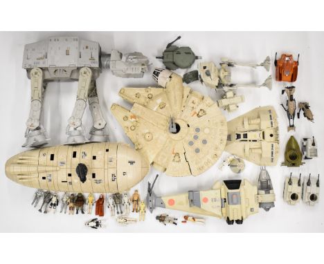 A collection of vintage Star Wars figures and vehicles to include AT-AT, Scout Walker, B-Wing Fighter, Snow Speeder. Milleniu