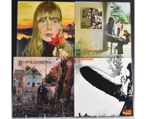 A collection of 26 albums including Led Zeppelin (3 plum), Black Sabbath (2 swirls), Pink Floyd, Taste, Principal Edwards Mag