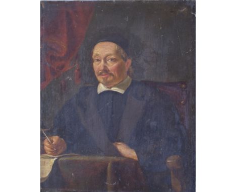 After Hans Holbein, Old Master school oil on panel portrait of Erasmus of Rotterdam writing, with label verso giving title an