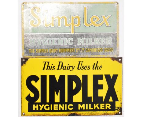 Two Simplex Hygienic Milker Dairy equipment vintage advertising signs, one enamel, the other printed aluminium, larger 19 x 3