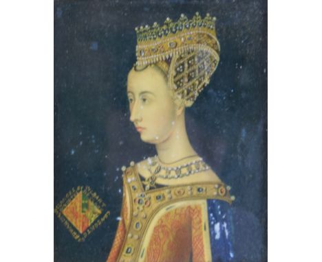 18th / 19th century Edward II interest portrait miniature of Eleanor de Clare in formal jewelled regalia, the heraldic crest 