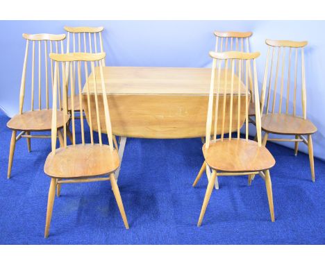 Ercol mid century modern light elm table and six chairs, W125 x D115 x H70cm