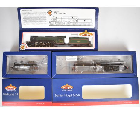 Three Bachmann Branch-Line 00 gauge model railway locomotives comprising Stanier Mogul, Gresley V2 and Midland 1F, all in ori