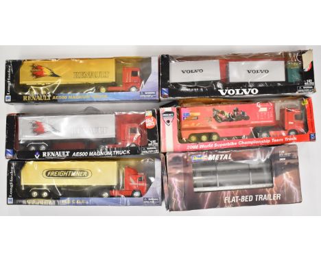 Five New Ray 1:32 scale diecast model haulage vehicles together with a Revell Metal 1:24 scale Flat-bed Trailer, in original 