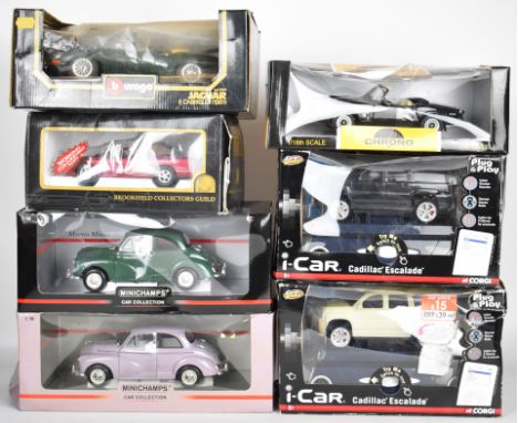 Seven 1:18 scale diecast model cars together with a 1:25 scale Chrysler Sebring, to include Minichamps Burago, Corgi Wheelz a