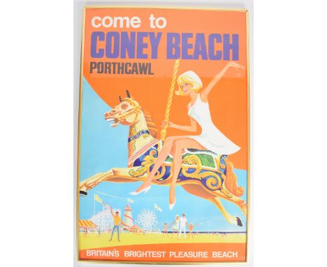 Vintage Coney Beach, Porthcawl pleasure beach railway or similar travel poster, depicting a girl on a galloper horse with fur
