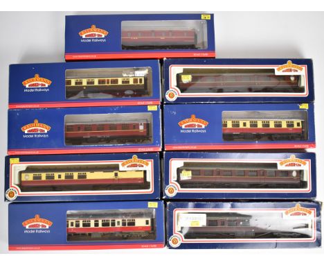 Nine Bachmann Branch-Line 00 gauge model railway coaches including LMS full brake, Collett corridor, BR Mk1 and Thompson, all