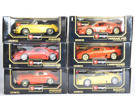 Six Burago 1:18 scale diecast model sports cars to include Ferrari F40 1987, Porsche 365B Coup&eacute; 1961 and Lamborghini D