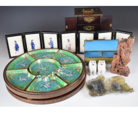A collection of mainly Chinese items including cloisonn&eacute; box, jade or similar hardstone dishes, carved soapstone figur