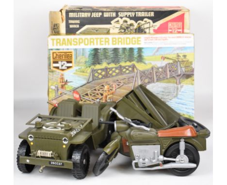 Three Cherilea 12 / Sharna Action Man playsets comprising German Army Motorcycle &amp; Sidecar 2605, Military Jeep with Suppl