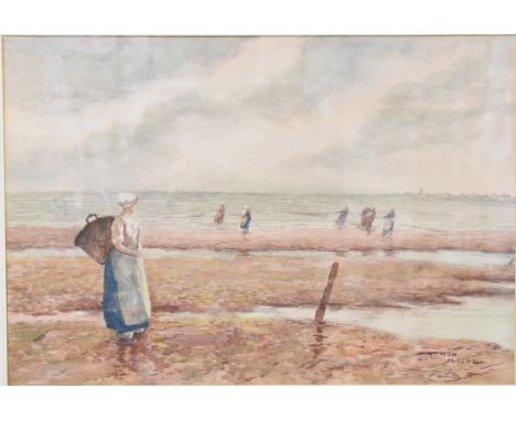 Hutton Mitchell (1872-1939) watercolour beach scene with nets being drawn in and lady with basket in the foreground, signed l