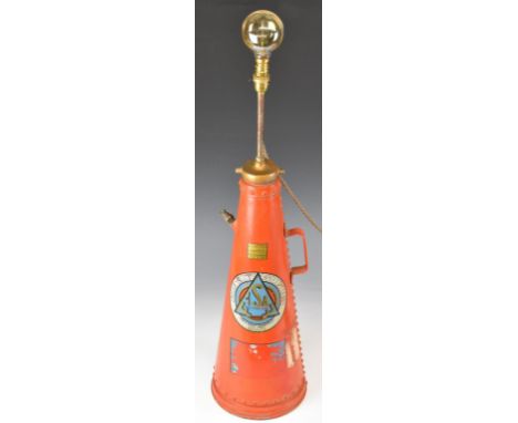 Novelty table lamp in the form of a fire extinguisher, dated 1959, height 94cm