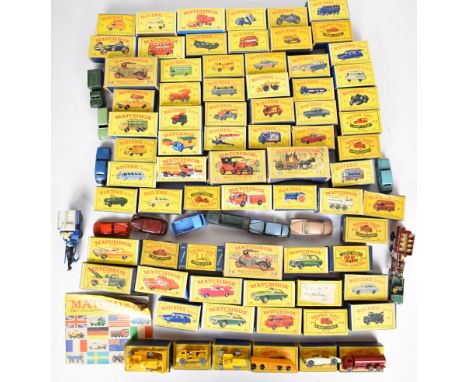 Fifty six Matchbox Lesney and Moko Lesney diecast model cars to include Ambulance 14, Bulldozer 18, ERF Stake Truck 20, Compr