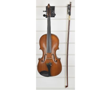 20th century violin with bridge marked 'Aubert A Mirecourt', with 34.5cm single piece back, in fitted hard case with thermome