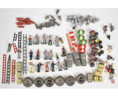Miniature lead / metal figures and accessories including beer barrels, Esso oil drums etc, tallest 2.5cm