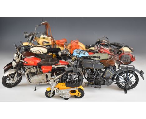 Nine handmade model motorbikes to include Norton, Ariel Square Four and Indian, largest 40cm long.