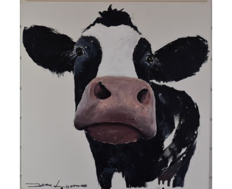 Jason Liosatos (contemporary British Devon artist), acrylic on canvas portrait of a cow, signed lower left, 60 x 60cm