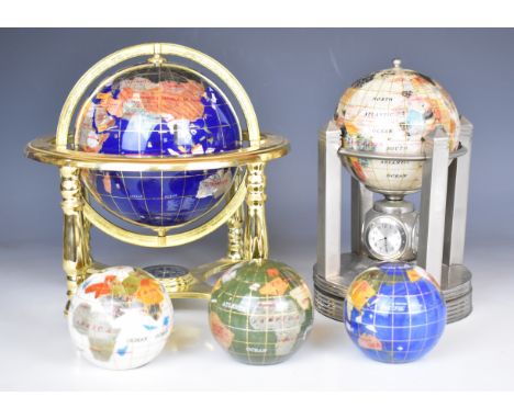 Five pietra dura globes comprising two on stands, one with clock, thermometer and hygrometer and another with compass to the 