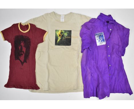 James Taylor VIP purple shirt with 'Cardiff' in marker pen, further T-shirt and a ribbed Frank Zappa portrait T-shirt. From t