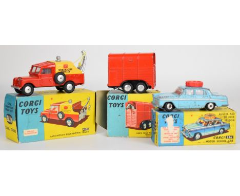 Three Corgi Toys diecast model cars comprising Austin A60 Deluxe Saloon Motor School Car 236, Land-Rover Breakdown Truck 417S