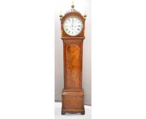 C. Howse London 8 day mahogany longcase clock with subsidiary dial seconds and date dials, flame mahogany door and circular g