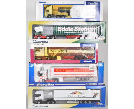 Five 1:50 scale diecast model haulage vehicles by Corgi, Cararama and Universal Hobbies to include ERF ECS Flatbed Trailer - 