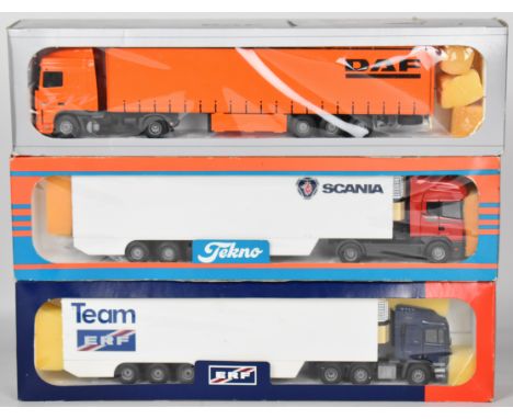 Three Tekno 1:50 scale diecast model haulage vehicles comprising Scania, ERF and DAF models, all in original boxes.