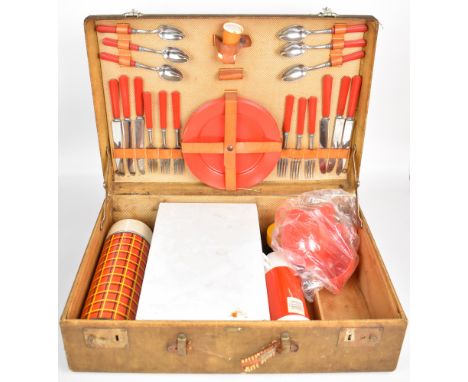 Retro picnic set, the case marked Warren, Worcester Mass, the red plastic plates marked Hemcoware and with a Thermos flask, w