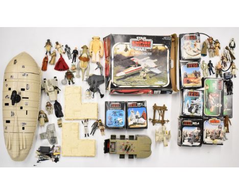 A collection of vintage Kenner Star Wars figures and vehicles to include Speeder Bike, MLC-3, INT-4, AST-5, ISP-6, X-Wing Fig