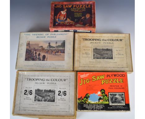 Five Royal interest vintage&nbsp;wooden jigsaw puzzles comprising three A.V.N Jones examples including trooping the colour an
