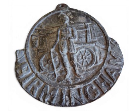 A lead fire mark, marked Birmingham Fire Insurance Company, cast with a fireman beside his appliance, 26cm wide