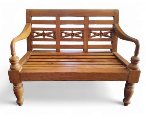 Miniature Furniture - a garden bench, rectangular back, slatted seat, turned legs, 32cm wide