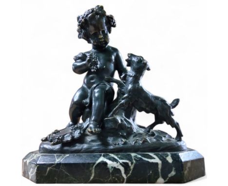 Alfred Boucher, French, 1850-1934, after, a dark patinated bronze, Putti, seated by a goat, his tambourine on the ground, sig