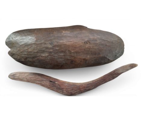 Aboriginal Art - a&nbsp;Coolamon, 45cm long, 18cm wide;&nbsp; a boomerang, 55cm long (2)