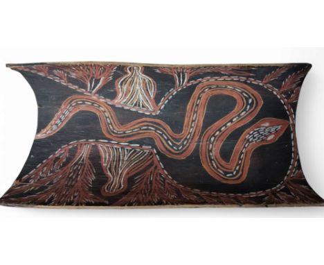 Tribal Art - an Australian Aboriginal bark painting, painted in earth pigments with stylized snake and foliate motifs, 41cm l