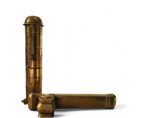 A 19th century damascened brass Persian scribe's qalamdan or travelling case, comprising inkwell and quill box, profusely dec