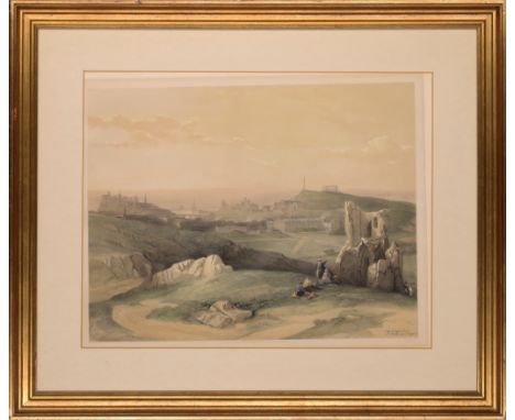 David Roberts, RA, Scottish 1796-1864- Edinburgh from St Anthony's Chapel; hand-coloured lithograph, printed by Robert Carric