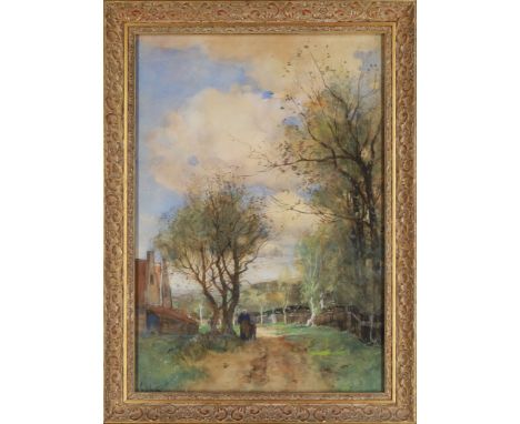 Théophile Emile Achille De Bock, Dutch 1851-1904- Figures on a country lane; watercolour on paper, signed 'Th. de Bock' (lowe