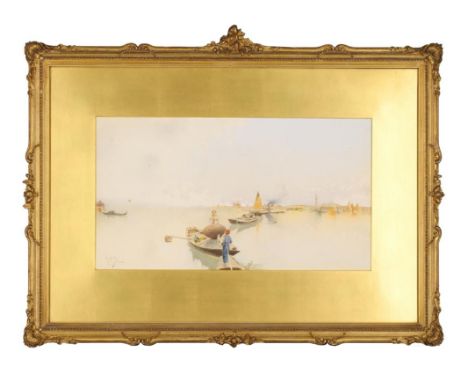 Raffaele Mainella, Italian 1856-1941- Venice from the lagoon; pencil and watercolour on paper, signed and inscribed 'R. Manie