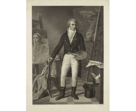 After Joseph Denis Odevaere, Belgian 1778-1830- An Artist by his Easel; engraving on paper, engraved by Fazet, 77 x 58 cm (fr