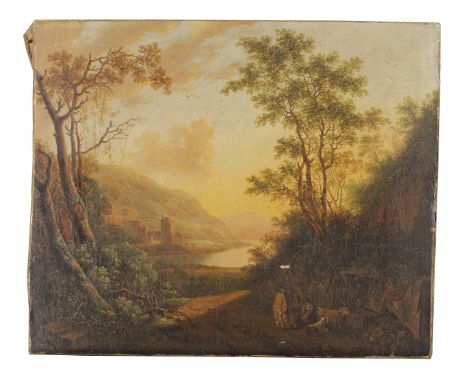 British School, early/mid 19th century- Italianate landscape, with figures and goats; oil on canvas, 35.5 x 42.5 cm. (unframe
