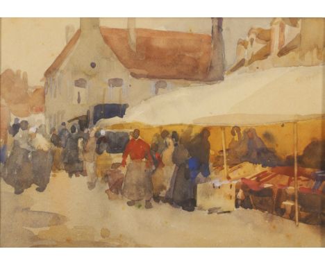Arthur Ernest Vokes, British 1874-1964- Fishermen by a beached vessel on the shore; and Figures at a market; watercolour and 