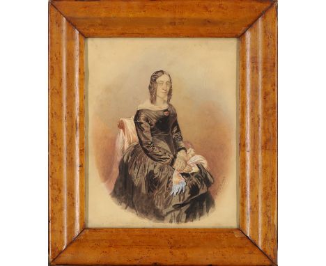 F. Lock, British School, mid 19th century- Portrait of a lady, seated, with a red brooch; watercolour heightened with white o