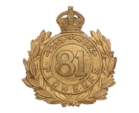 Indian Army. 81st Pioneers pagri badge circa 1903-22.  Good scarce British made die-stamped brass crowned PIONEERS circlet re