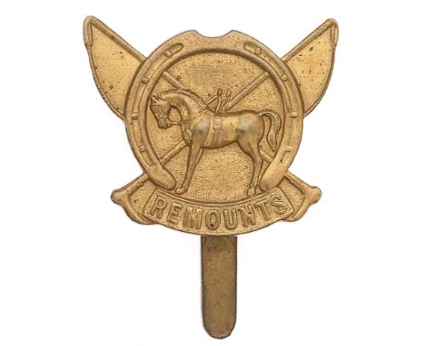 Army Remount Service WW1 1st pattern cap badge.  Good scarce die-cast horse in horseshoe on REMOUNTS scroll superimposed on c