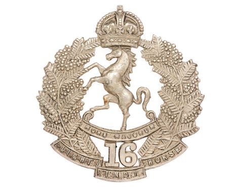 16th Australian (Indi) Light Horse slouch hat badge circa 1912-18.  Good scarce die-pressed white metal crowned fern sprays r