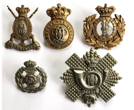 5 Victorian Cavalry &amp; Infantry cap badges.  6th Dragoon Guards ... 7th QO Hussars ... 18th Hussars ... Rifle Brigade ... 