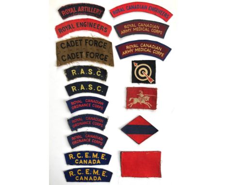 18 WW2 British &amp; Canadian printed shoulder titles &amp; formation signs.  Titles : ROYAL ARTILLERY ... ROYAL ENGINEERS ..
