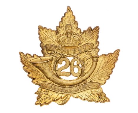 Canadian 26th Middlesex Light Infantry glengarry cap badge.  Good scarce die-stamped brass  Maple leaf bearing crowned strung