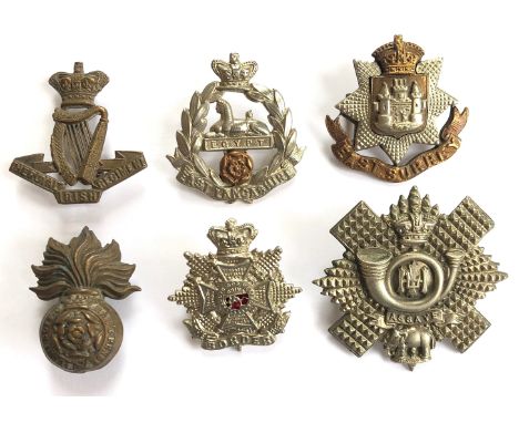 6 Victorian Infantry cap badges.  Royal Irish ... East Lancashire ... East Surrey ... Royal Fusiliers ... Border ... Highland